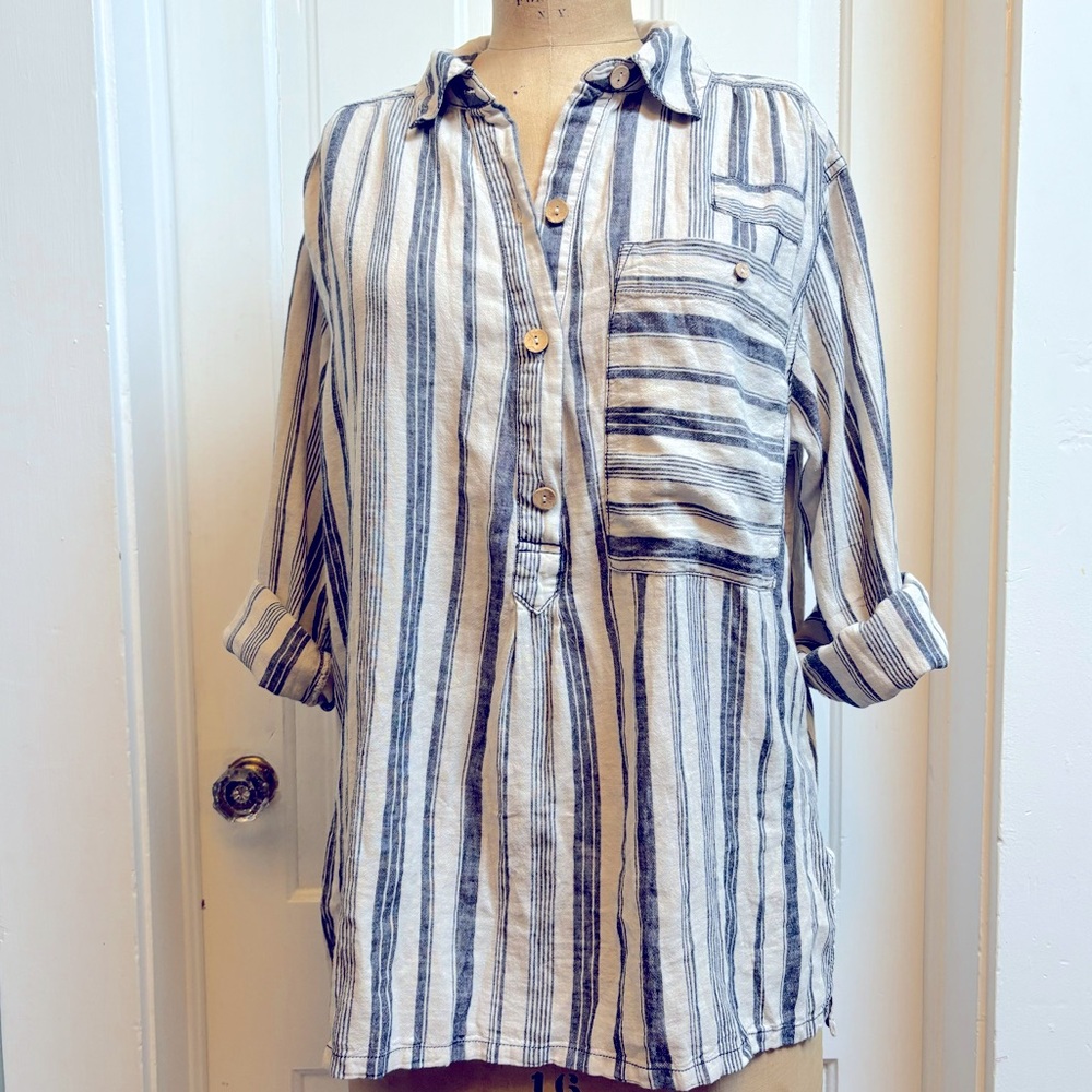 FREE PEOPLE - We The Free Blue And Cream Striped Linen-Blend Blouse Size Medium - Picture 5 of 12